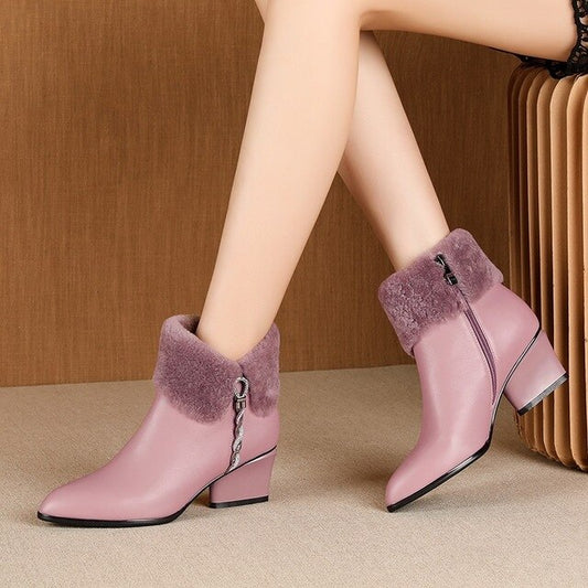 cute sweet leather ankle boots winter warm Chelsea boots pink black leather party 5cm high heels women's shoes - LiveTrendsX