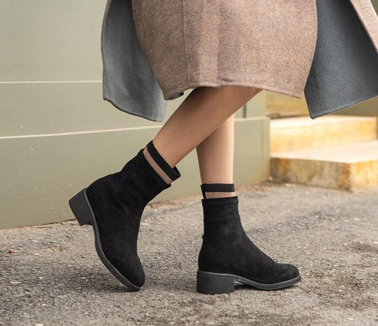 Stretch Fabric Boots Women Round Toe Slip-On Autumn Winter Ladies Sock Boots Med Heel Handmade 02216 - LiveTrendsX