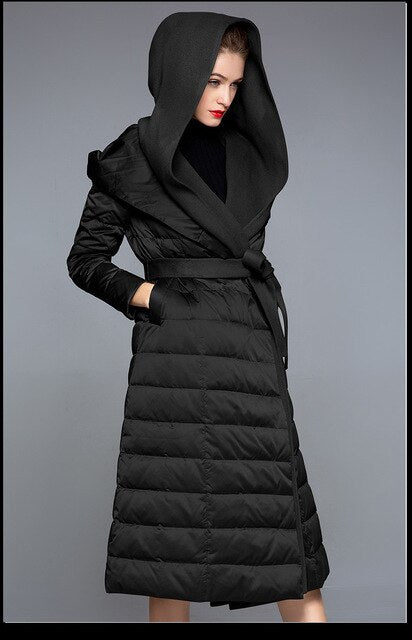 Goose Down High Street Female Jacket Long Hooded Belt Full Sleeve Cashmere Streetwear Fashion Jacket For Women - LiveTrendsX