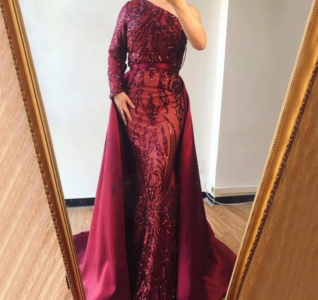 Green One Shoulder Long Sleeves   Sequeined Evening Dresses Luxury Fashion Sexy With Train Evening Gowns 2020 - LiveTrendsX