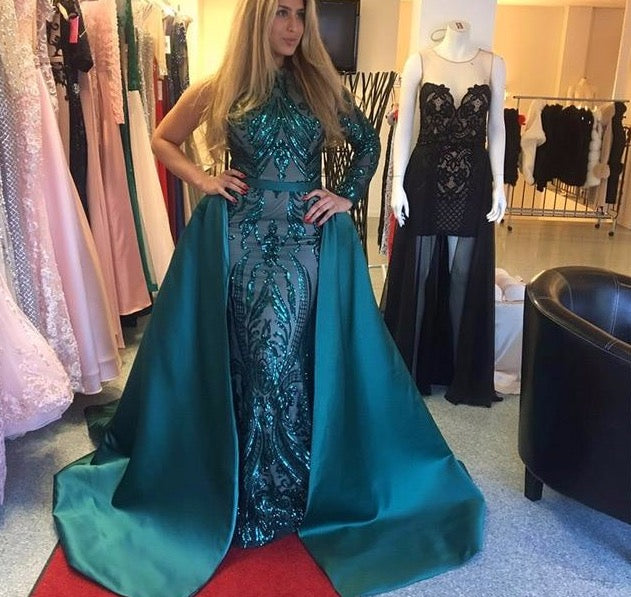 Green One Shoulder Long Sleeves   Sequeined Evening Dresses Luxury Fashion Sexy With Train Evening Gowns 2020 - LiveTrendsX