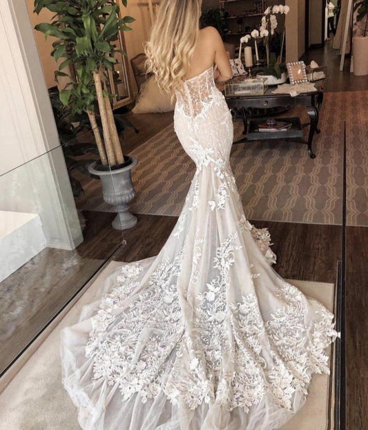 Mermaid Wedding Dress Sweetheart Bride Dress Appliqued with Flowers Lace Boho Wedding Gown Vestidos de novia - LiveTrendsX