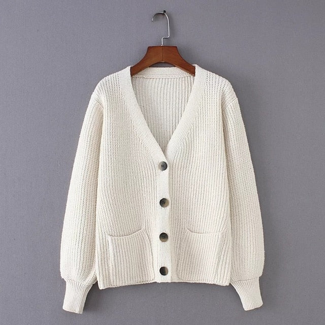 Cozy Ribbed Knit Cardigan Women V-neck Front Pocket Button Down Dropped Long Sleeve Korean Casual Chic Winter - LiveTrendsX