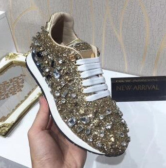 New Luxury Rhinestones Sneakers Lace Up Flat Shoes Woman Bling Mixed Color Crystal Paillette Cozy Women Casual Shoes - LiveTrendsX