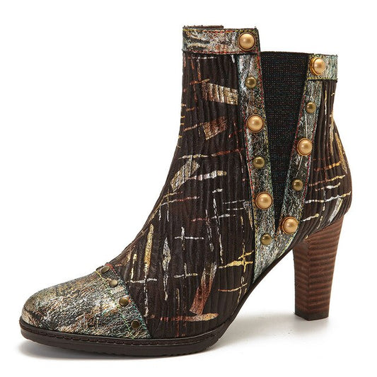 Womens Boots Gold Genuine Leather Splicing Cozy High Heel Ankle Boots Elegant Shoes Women Shoes Botas Mujer - LiveTrendsX