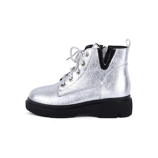 Quality Ankle Boots Fashion Silver Round Toe Zipper Shoes Woman Handmade Low Square Heels Casual Spring Boots - LiveTrendsX