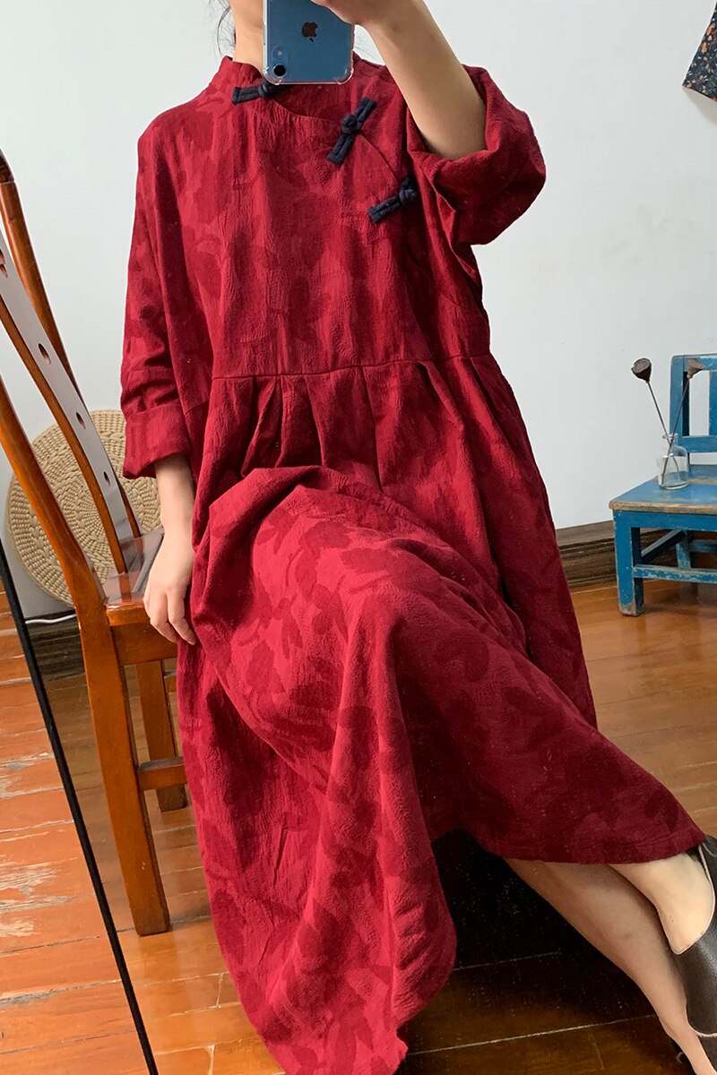 women's dress, vintage, placket, loose large-size cotton and linen long - LiveTrendsX