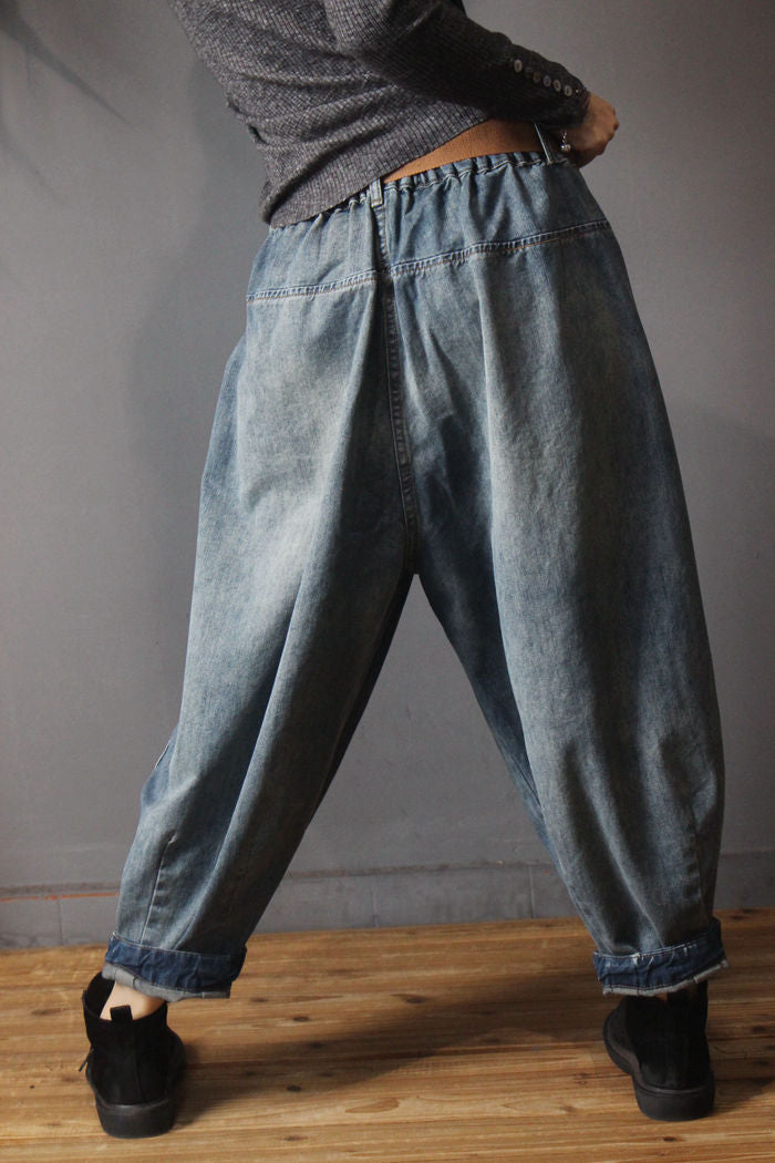 Women Spring Elastic Waist Loose Denim Harem Trousers Jeans Female Vintage Knickerbockers Ladies Casual Denim Pants - LiveTrendsX