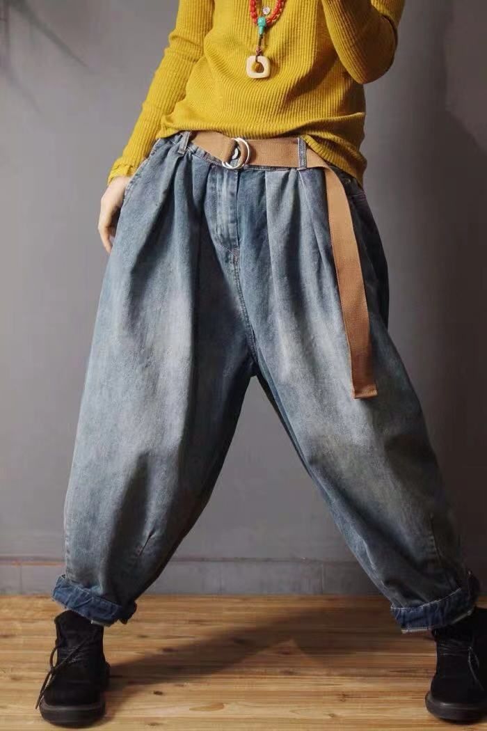 Women Spring Elastic Waist Loose Denim Harem Trousers Jeans Female Vintage Knickerbockers Ladies Casual Denim Pants - LiveTrendsX