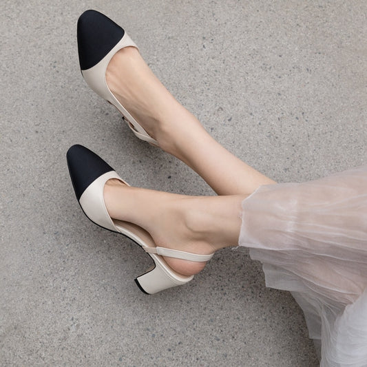 Women Slingbacks Shoes High Heels Natural Genuine Leather Thick High Heel Shoes Cow Leather Mixed Colors Pumps Ladies 40 - LiveTrendsX