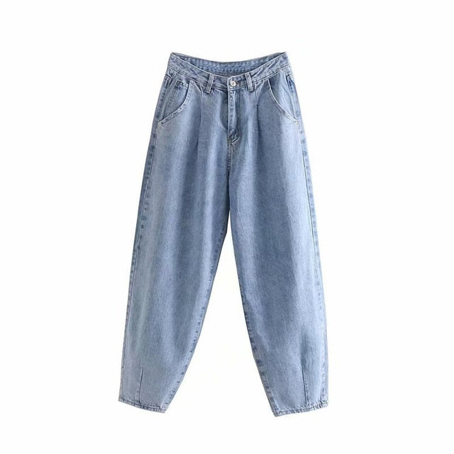 Women Blue Harem Jeans Loose mom Jeans High Waist Streetwear Boyfriends Washed Denim Long Trousers Bottoms Slouchy Jeans - LiveTrendsX