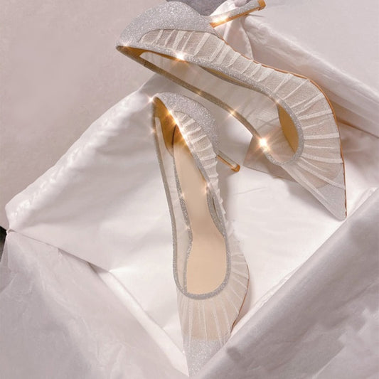 Elegant White Lace Mesh High Heel Pump Pointed Toe Silver Glitter Wedding Shoes Bride Slip-on Pleated Shallow Party Heels Shoes - LiveTrendsX