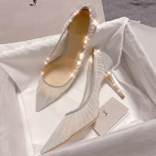 Elegant White Lace Mesh High Heel Pump Pointed Toe Silver Glitter Wedding Shoes Bride Slip-on Pleated Shallow Party Heels Shoes - LiveTrendsX
