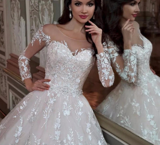 Robe De Mariee Princesse De Luxe 2020 Shiny Beading Crystal Waist Luxury Lace Ball Gown Wedding Dresses - LiveTrendsX
