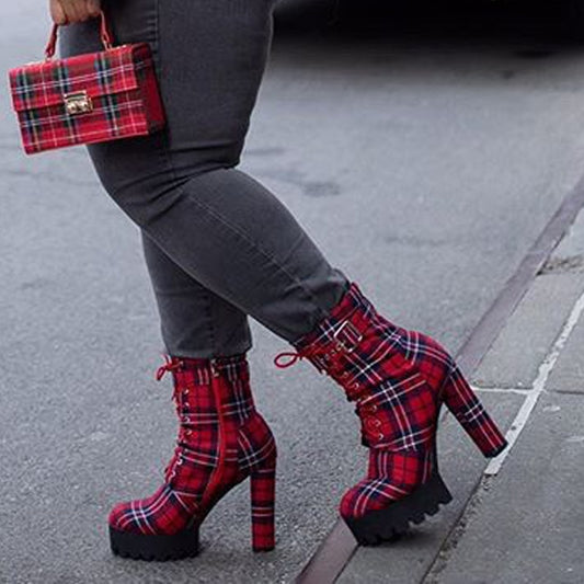 Women's Platform Ankle Boots Buckle Strap Chunky Heel Red Plaid Lace Up Side  Zipper Round Toe Booties For Winter - LiveTrendsX