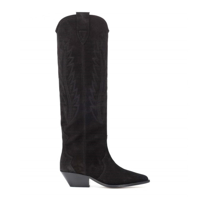 Nude Black Suede Embroidered Knee high Boots Women Pointy Toe Spike Kitten heels Winter Long Boots Flats Knight Boots - LiveTrendsX