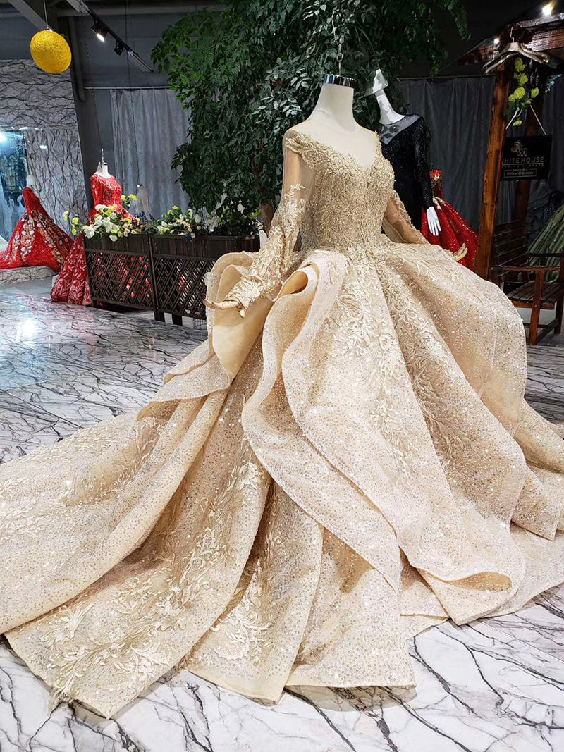 golden puffy evening dress tulle o neck long sleeves special puffy skirt women occasion dress court train custom size - LiveTrendsX