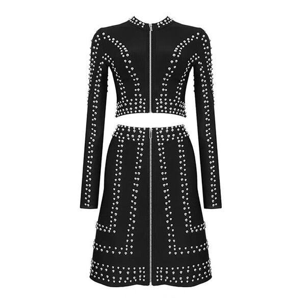 Winter sexy black rivet ladies set Bodycon long sleeve jacket and A-line skirt 2 two-piece set women celebrity party Female Set - LiveTrendsX