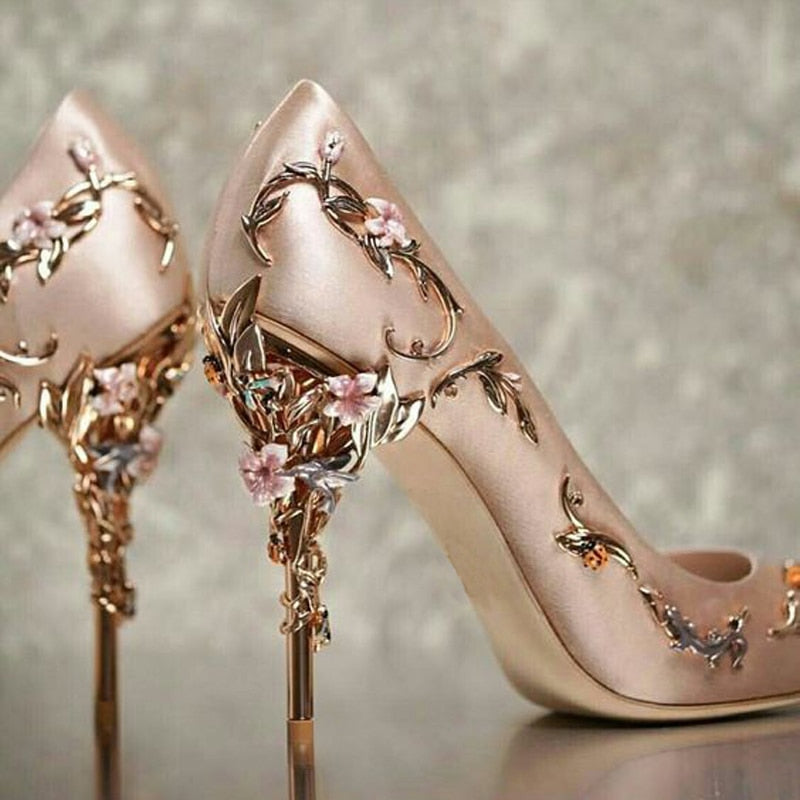 Luxury Brand Women Pumps Flower Heel Wedding Shoes Women Elegant Silk High Heels Women Shoes Plus Size 40 41 42 - LiveTrendsX