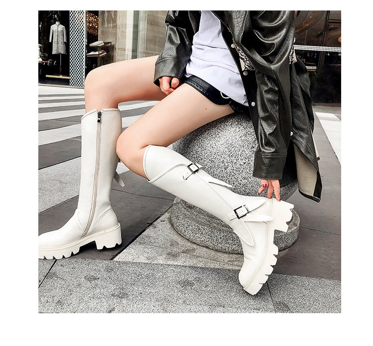 Top quality women long boots knee high white cowhide genuine leather platform punk riding nightclub dancing shoes metal buckle - LiveTrendsX