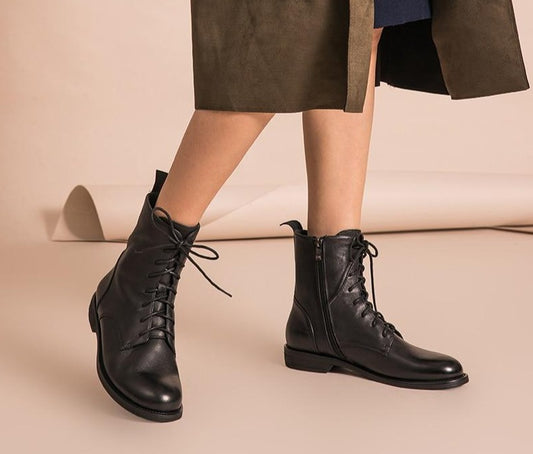 Ankle Boots Women Genuine Leather Lace-Up Side Zipper Top Quality Autumn Winter Lady Shoes Handmade - LiveTrendsX