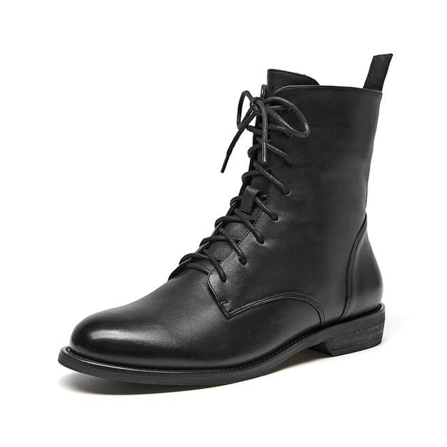 Ankle Boots Women Genuine Leather Lace-Up Side Zipper Top Quality Autumn Winter Lady Shoes Handmade - LiveTrendsX