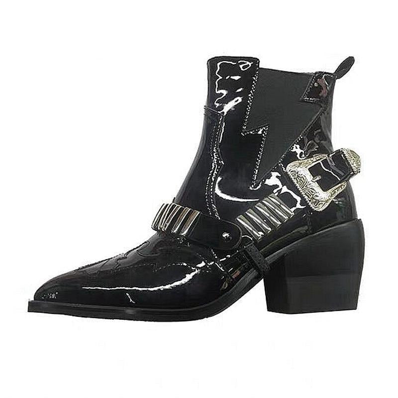 Patent Leather Fretwork Chelsea Boots Metal Chain Buckle Strap Ankle Boots Women Black Pointed Toe Winter Fashion Shoes - LiveTrendsX