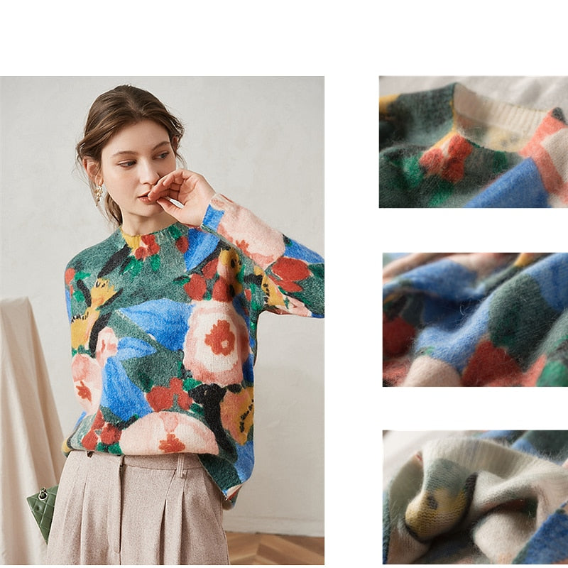 Knitwear Women Wool Blended Pullovers Colorful Patchwork O-Neck Long Sleeves High Street Loose Top New Fashion Design - LiveTrendsX