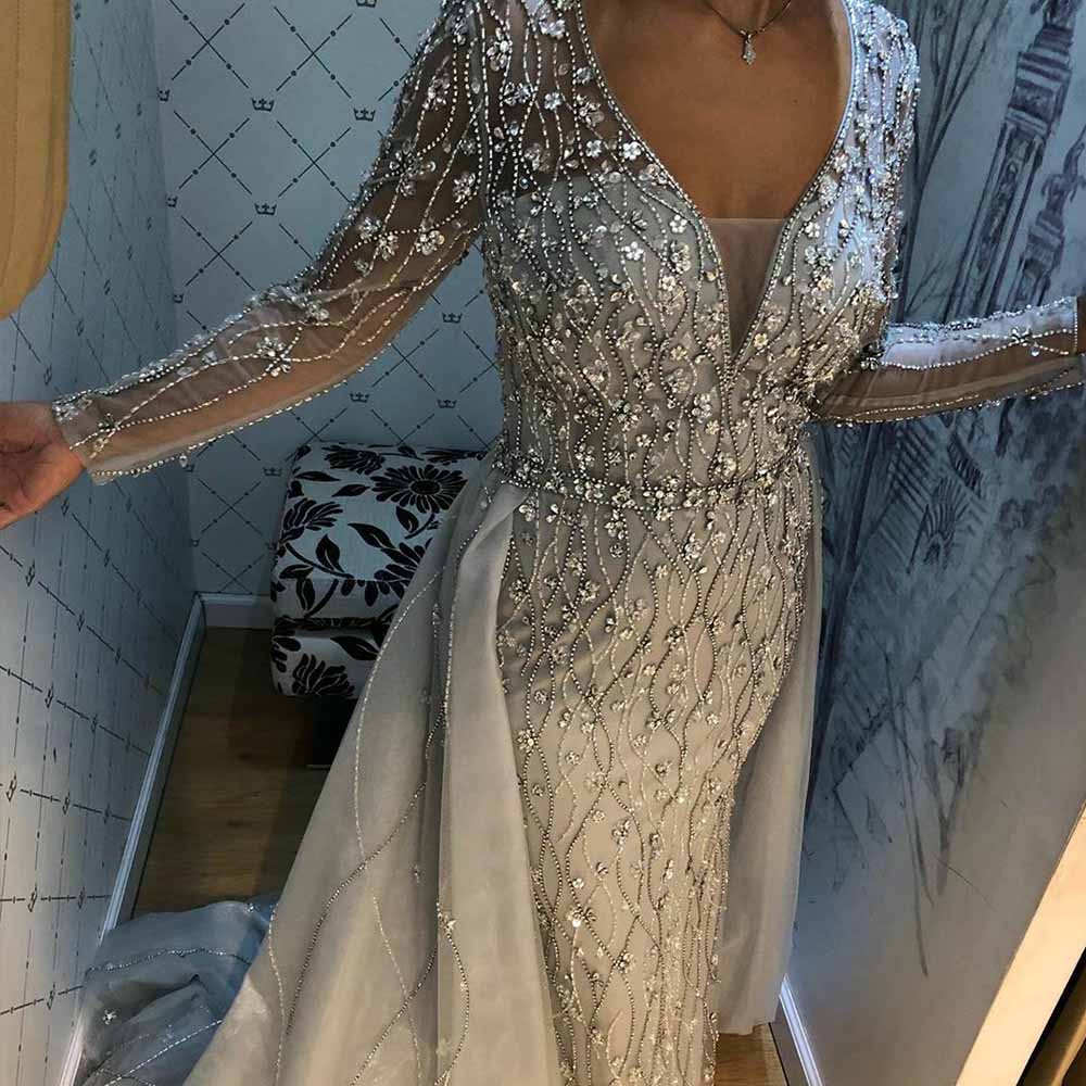 New Arrival Silver Evening Dresses Elegant V Neck Long Sleeve Tulle Crystal Beads Formal Dress Party Women Evening Gown Mermaid - LiveTrendsX