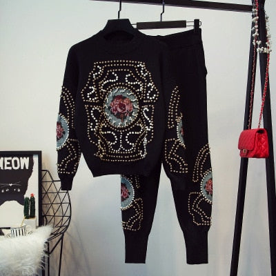 Autumn Winter New Fashion Tracksuit Women 2 piece set Beaded Embroidery Long Sleeve Sweater Casual Long Pants Female Knitted Set - LiveTrendsX