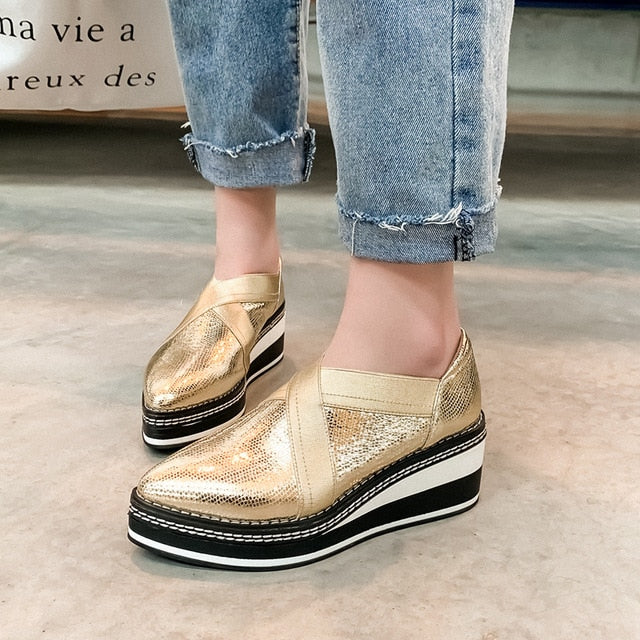 shiny vitality maiden genuine leather slip on loafers shoes round toe wedges thick bottom new vulcanized shoes L32 - LiveTrendsX