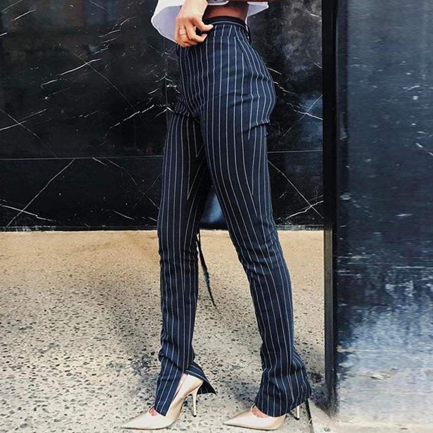 Office pants For women 2020 High waist striped trousers women Side split OL style Skinny long Bottom Have stretchy White - LiveTrendsX
