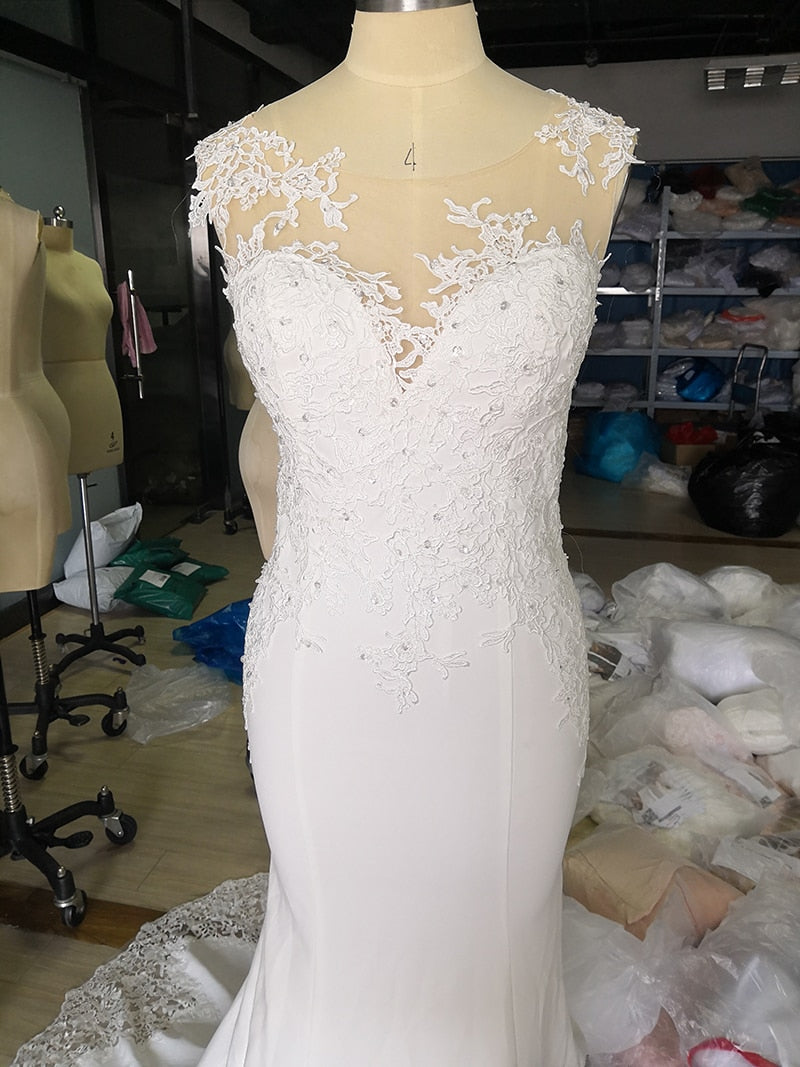 Sexy Mermaid Wedding Dress Sleeveless Lace Appliqued Illusion Back Boho Wedding Gown Long Train Bride Dress - LiveTrendsX