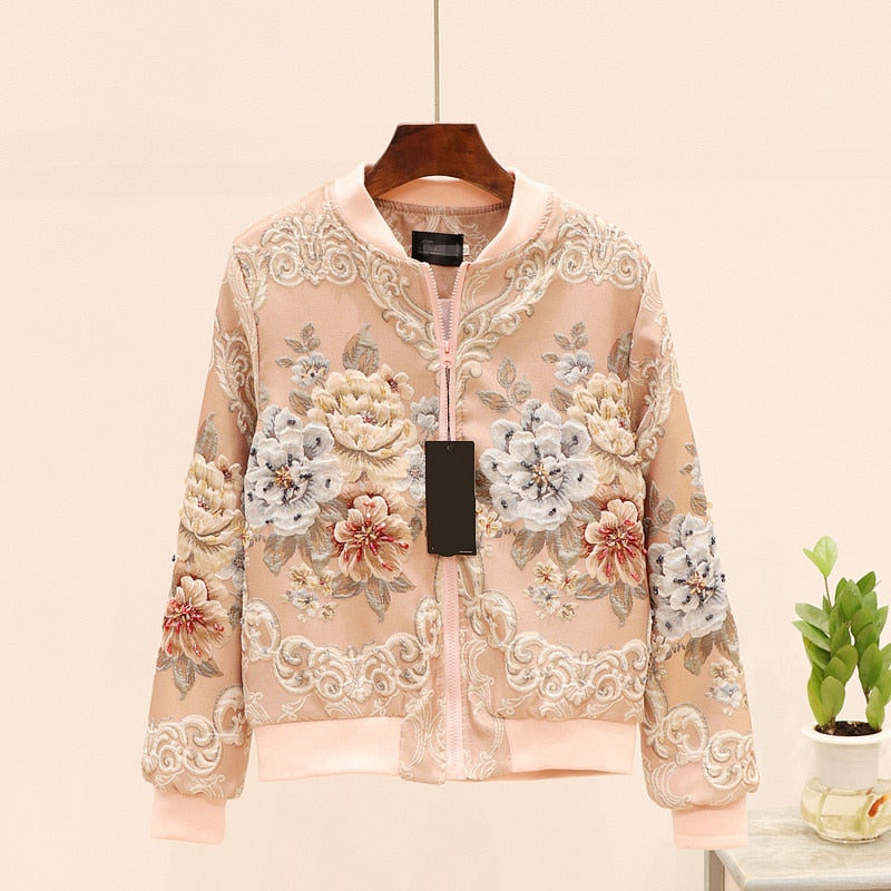 vintage Jacquard Satin embroidery jacket for woman beading floral embroidery long sleeve pink Baseball coat runway outfit 2020 - LiveTrendsX