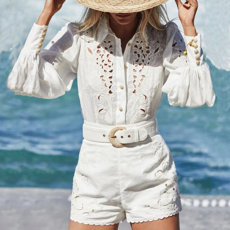 White Elegant Hollow Women'S Set Long-Sleeved Shirt & Shorts 2 Two-Piece Set Casual Holiday Party Female 2020 Summer Fashion New - LiveTrendsX