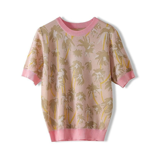 Boho Summer fashion vintage chic women coconut tree Jacquard short sleeve t-shirt ladies tops Viscose knit Tee shirt - LiveTrendsX