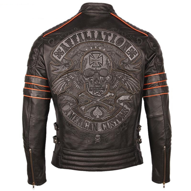 Black Embroidery Skull Motorcycle Leather Jackets 100% Natural Cowhide Moto Jacket Biker Leather Coat Winter Warm Clothing - LiveTrendsX