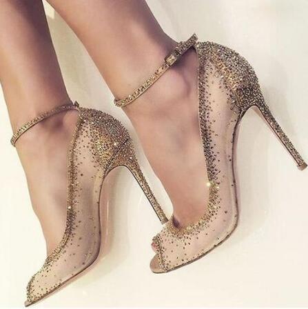 Sexy Gold Mesh Rhinestone Patchwork High Heel Shoes Champagne Glittering Heels Pumps Bling Bling Crystal Wedding Shoes Bride - LiveTrendsX