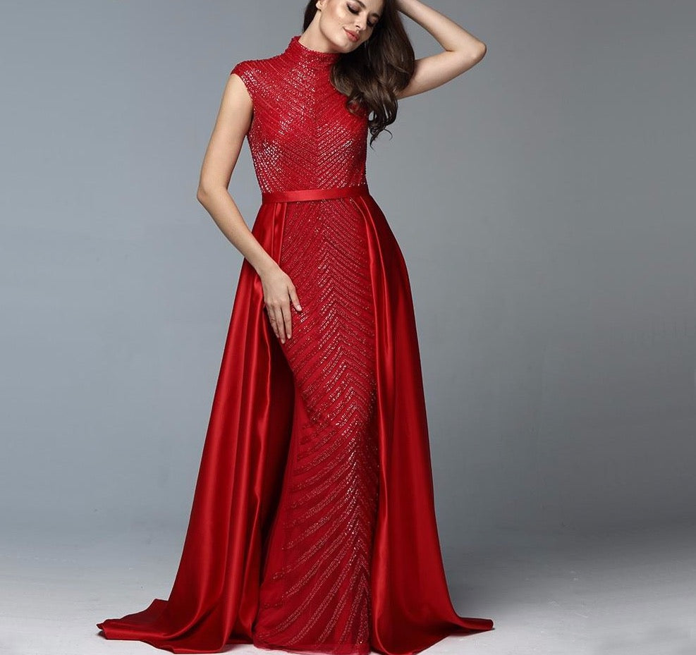 Latest Design Red High Neck Evening Dresses 2020 Dubai Sleeveless Beading Luxury Formal Dress - LiveTrendsX