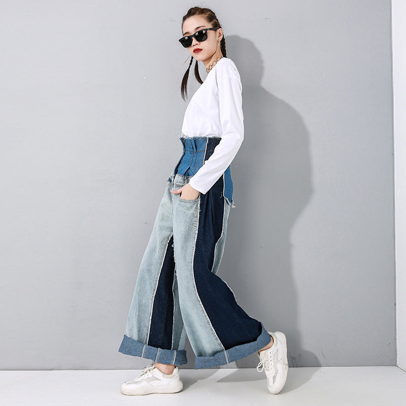 Wide Leg Contrast Color Split Long Jeans New High Waist Loose Women Trousers Fashion Tide Spring Autumn 2020 - LiveTrendsX