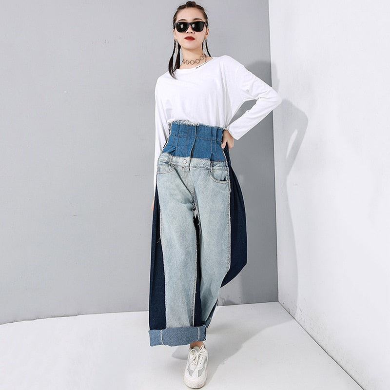 Wide Leg Contrast Color Split Long Jeans New High Waist Loose Women Trousers Fashion Tide Spring Autumn 2020 - LiveTrendsX