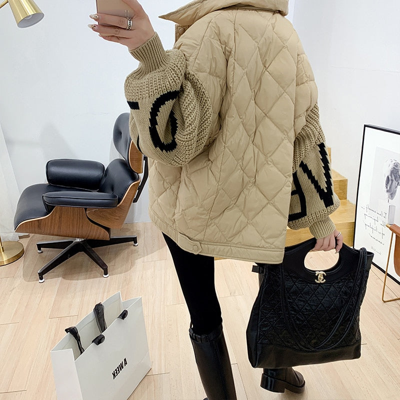 Korean Style Letter Knitted Lantern Sleeve Patchwork Women's Down Jacket  Winter Casual Female Loose Outwear A1363 - LiveTrendsX