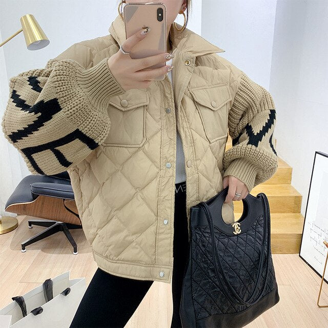 Korean Style Letter Knitted Lantern Sleeve Patchwork Women's Down Jacket  Winter Casual Female Loose Outwear A1363 - LiveTrendsX
