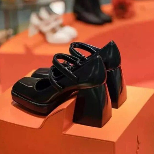women pumps new 2020 genuine leather square high heels black white shoes woman Mary Janes dress party wedding shoes size 34-39 - LiveTrendsX