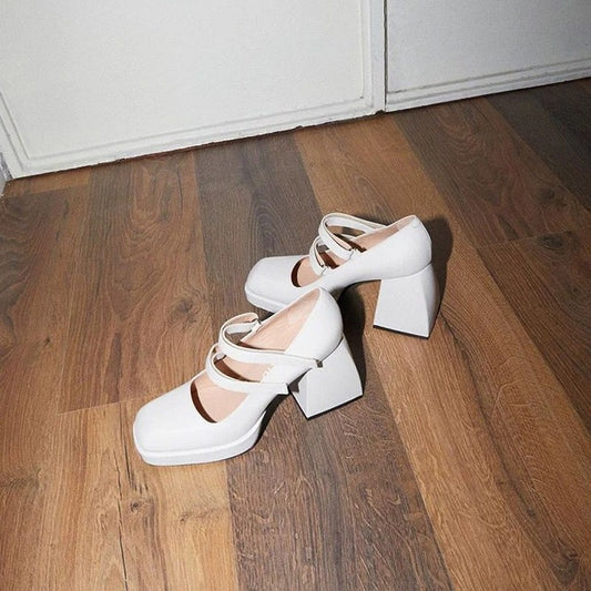 women pumps new 2020 genuine leather square high heels black white shoes woman Mary Janes dress party wedding shoes size 34-39 - LiveTrendsX