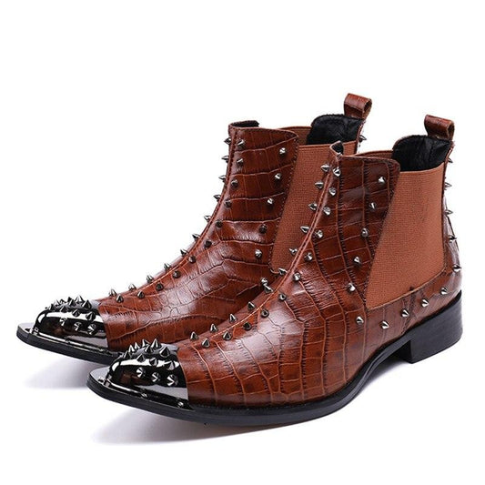 New Western Cowboy Boots Man Metal Pointed Toe Leather Boots Brown Rock Motocycle Boots Men Nightclub Party,38-46 - LiveTrendsX