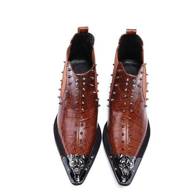 New Western Cowboy Boots Man Metal Pointed Toe Leather Boots Brown Rock Motocycle Boots Men Nightclub Party,38-46 - LiveTrendsX