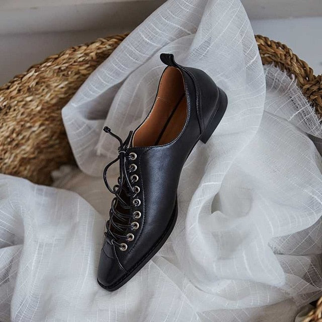 vintage design genuine leather casual shoes chic lace up small square toe low heels women solid fashion pumps - LiveTrendsX