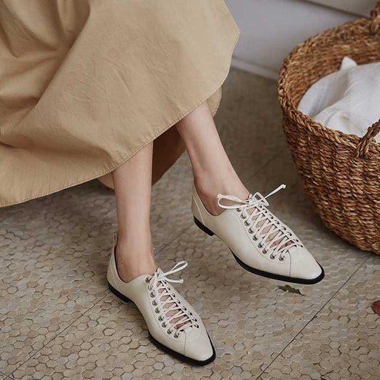 vintage design genuine leather casual shoes chic lace up small square toe low heels women solid fashion pumps - LiveTrendsX