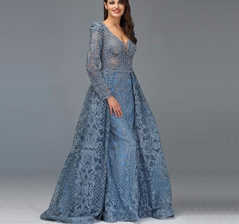 Dubai Blue Luxury Long Sleeves Evening Dresses 2020 V-Neck Handmade Flowers Crystal Sexy Evening Gowns Plus Size - LiveTrendsX